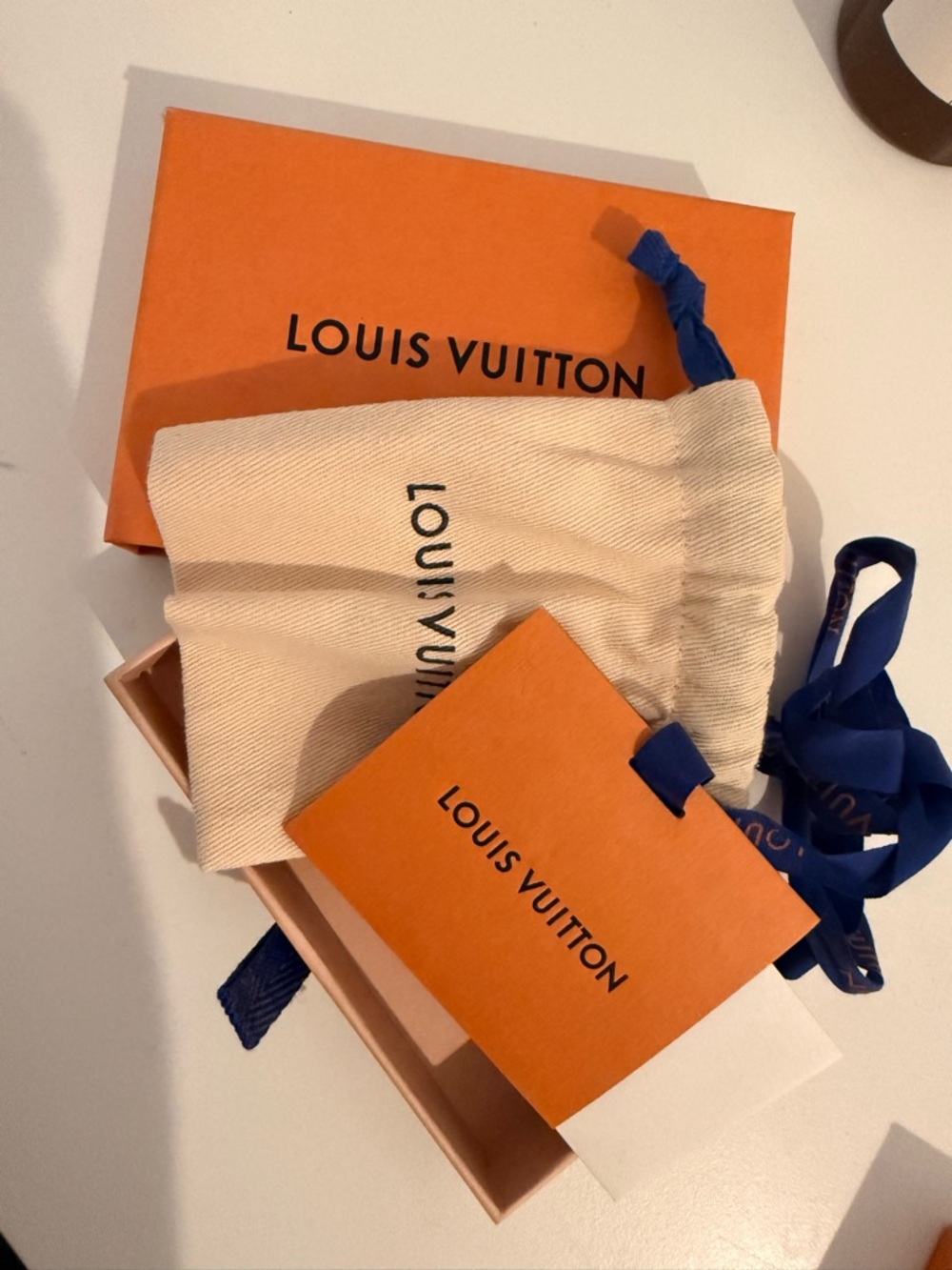 Louis Vuitton Orange Box with Cream Dust Bag and Blue Ribbon